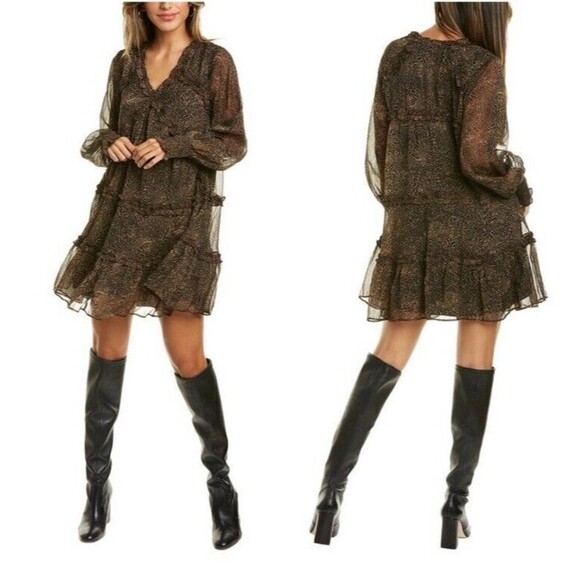 NWT Walter Baker Nala Gabriella Dress Leopard Animal Print Tiered Ruffle Large - Picture 1 of 11